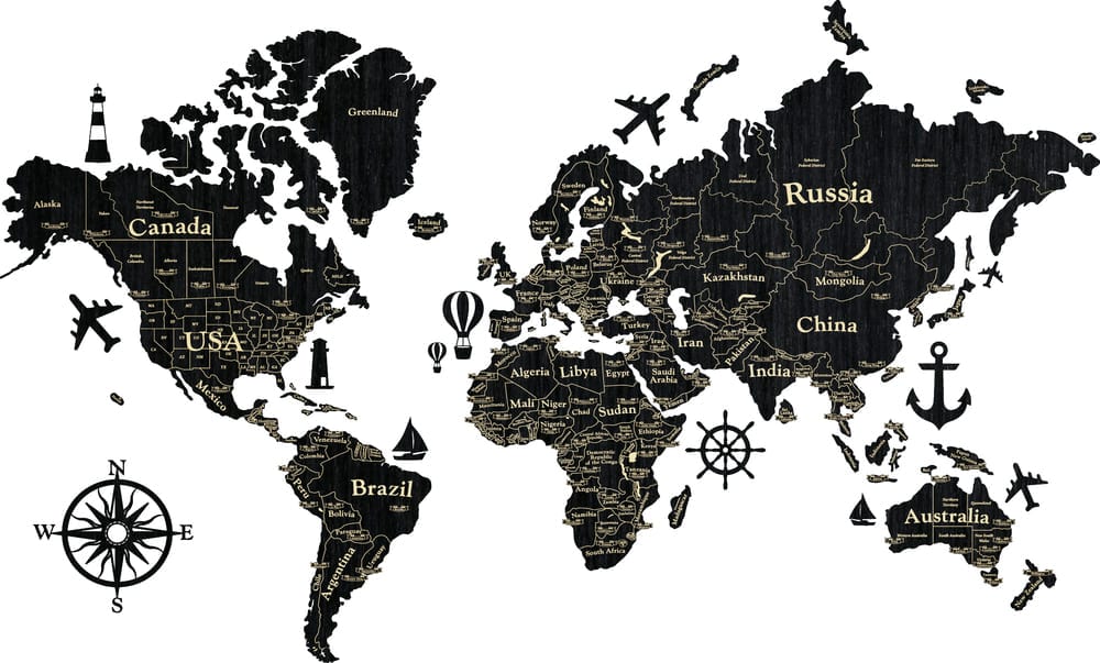 2D Wooden World Map (Standart) - Black