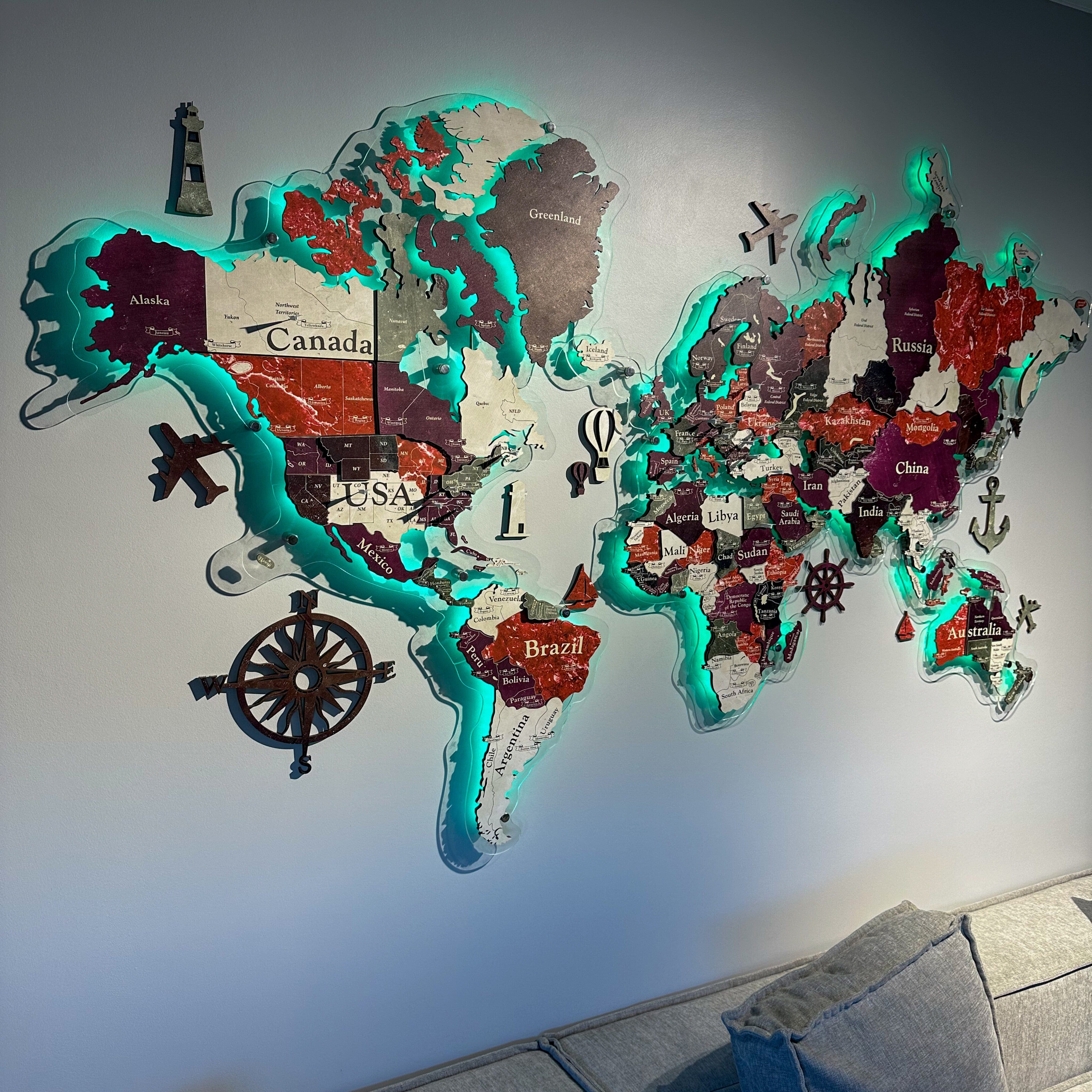 3D LED Colored Wooden World Map (Standart) - Ruby Red