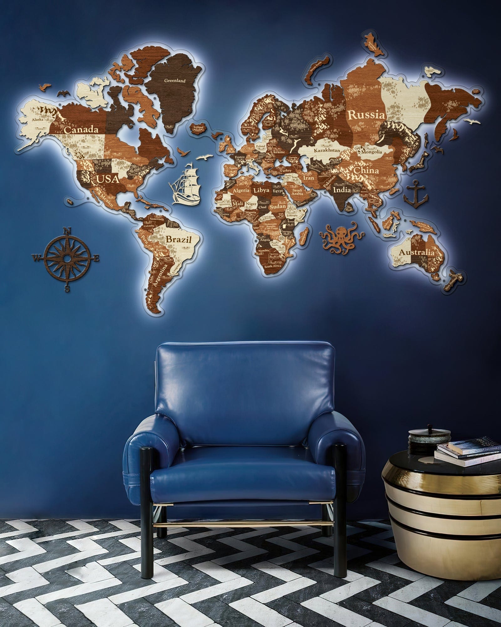 3D LED Wooden World Map Perfect World - Walnut & Rosewood