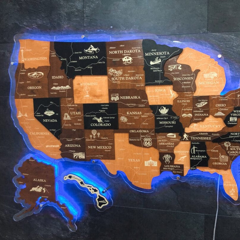 3D LED Map of USA Prime - Walnut & Wenge