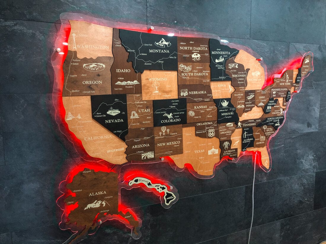 3D LED Map of USA Prime - Walnut & Wenge