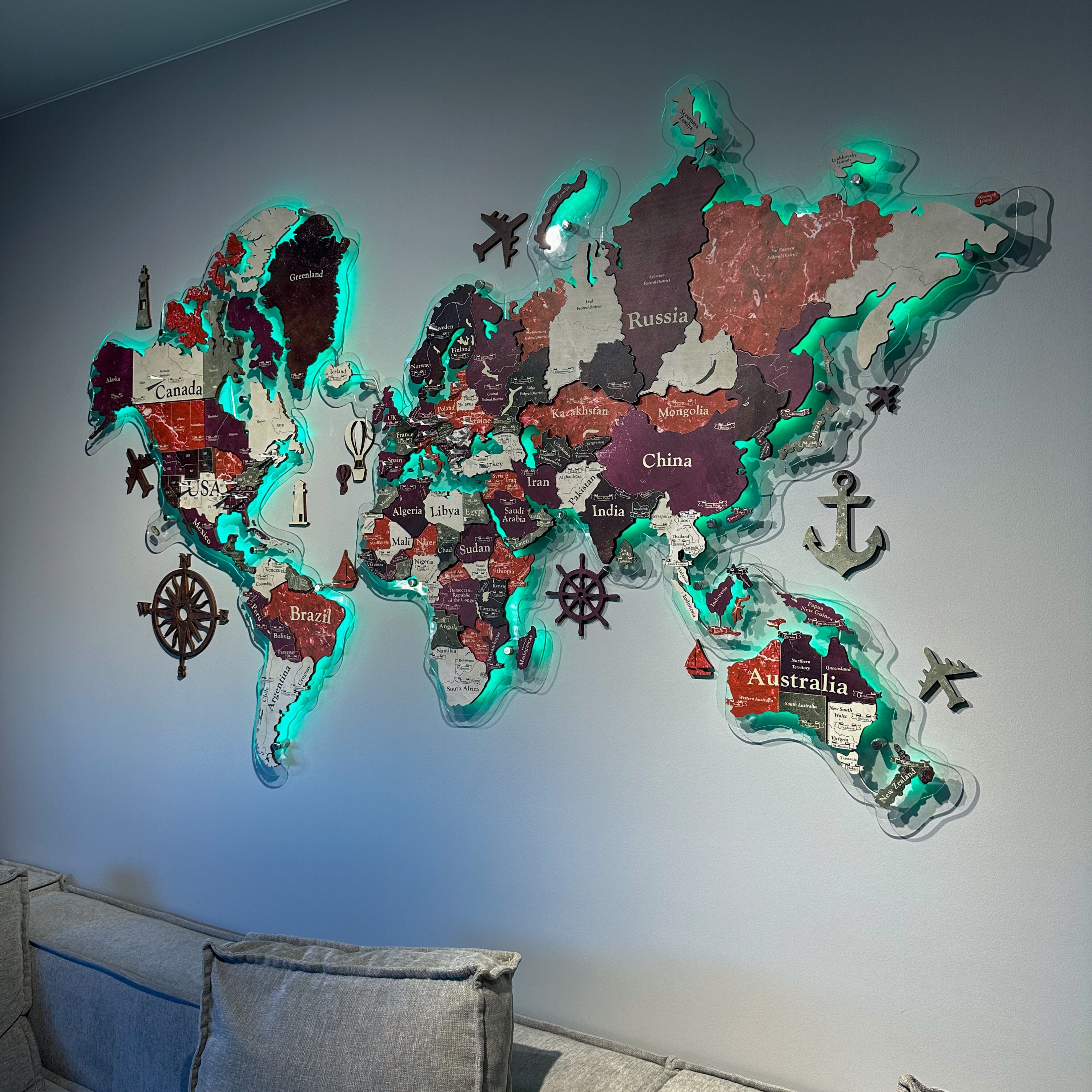 3D LED Colored Wooden World Map (Standart) - Ruby Red