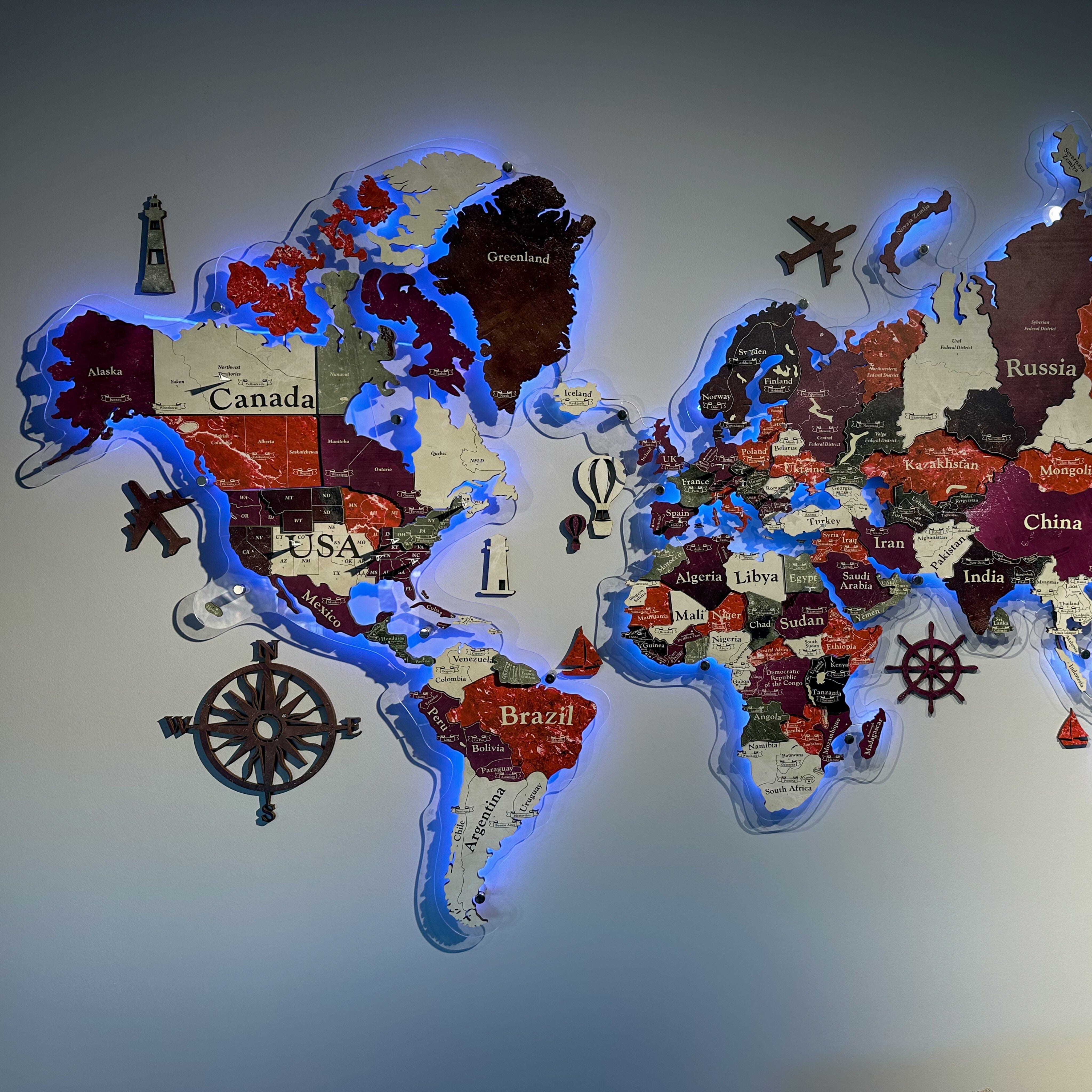 3D LED Colored Wooden World Map (Standart) - Ruby Red