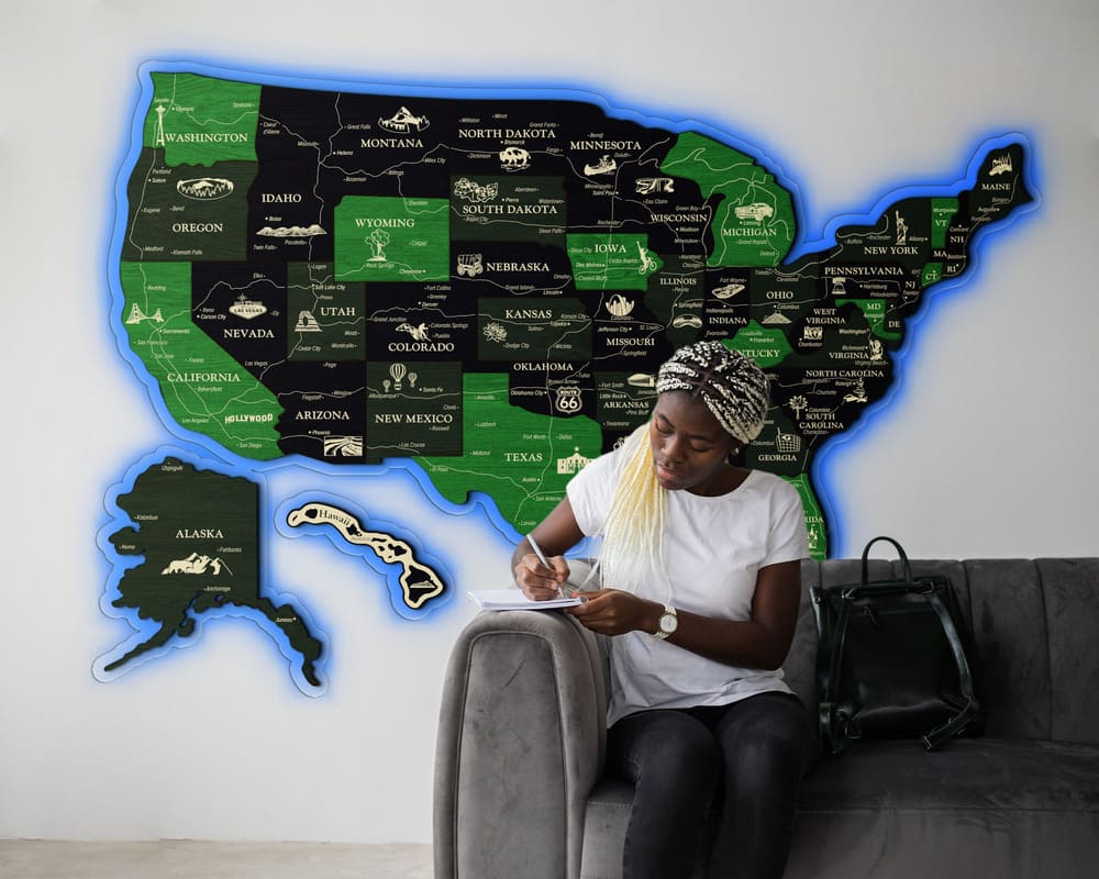 3D LED Map of USA Prime - Grey with Green