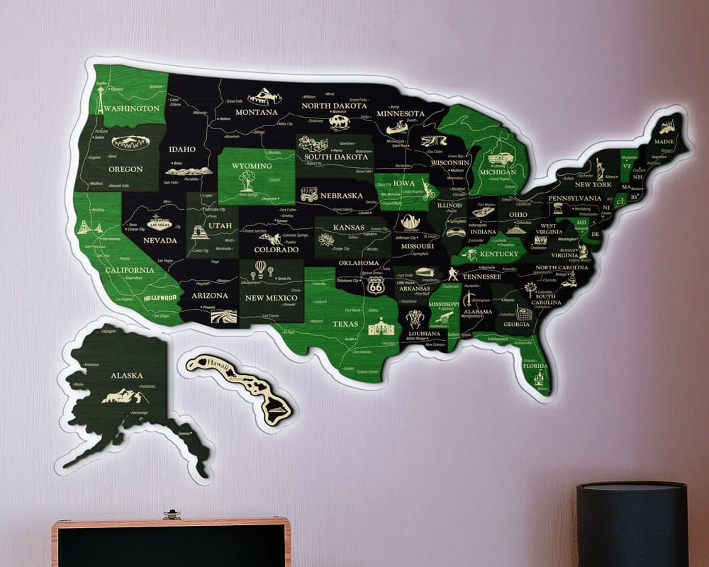 3D LED Map of USA Prime - Grey with Green