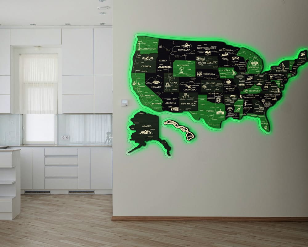 3D LED Map of USA Prime - Grey with Green