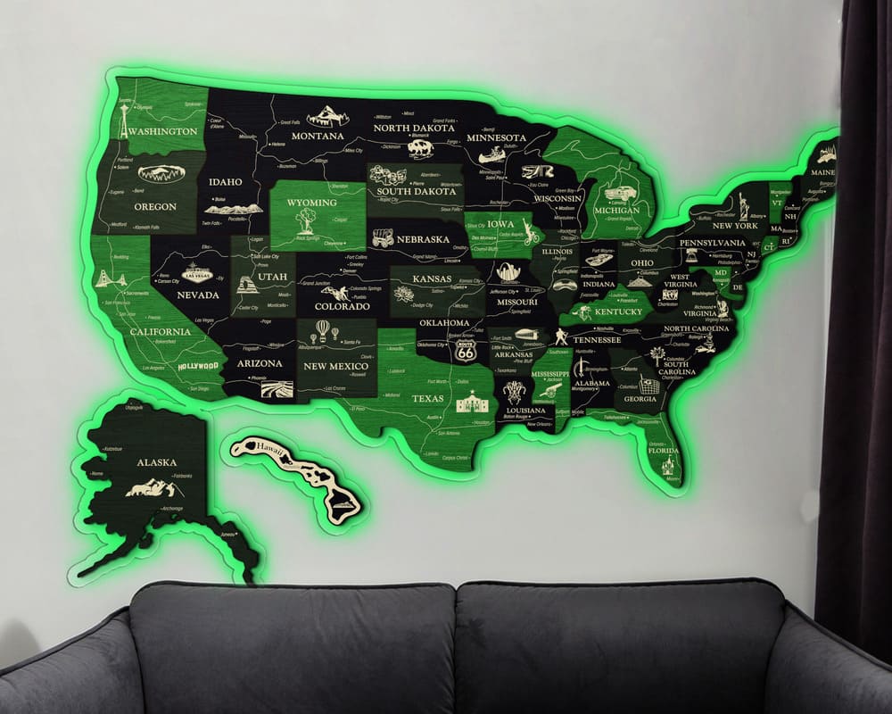 3D LED Map of USA Prime - Grey with Green