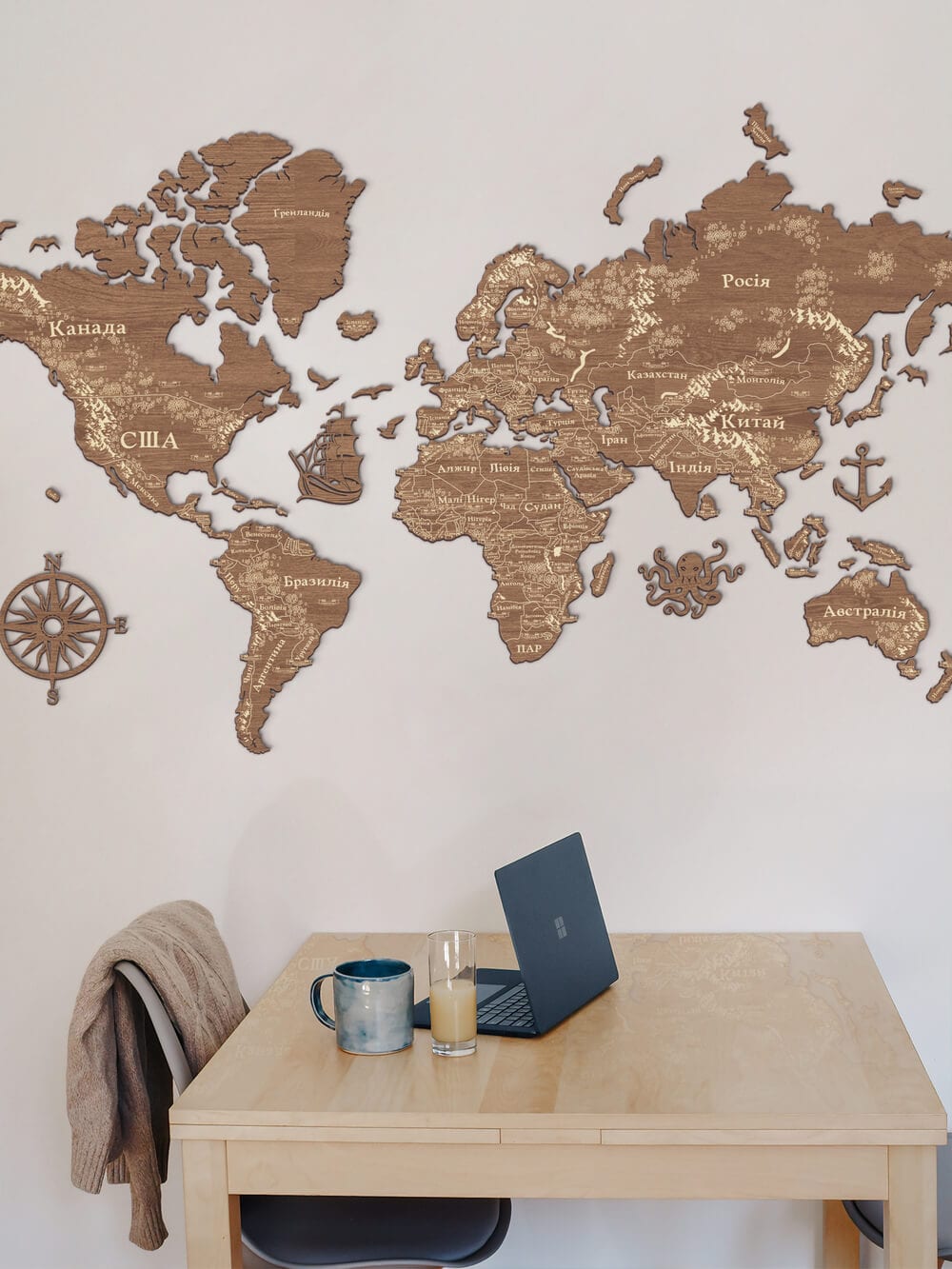 2D Wooden World Map (Perfect World) - Light Walnut