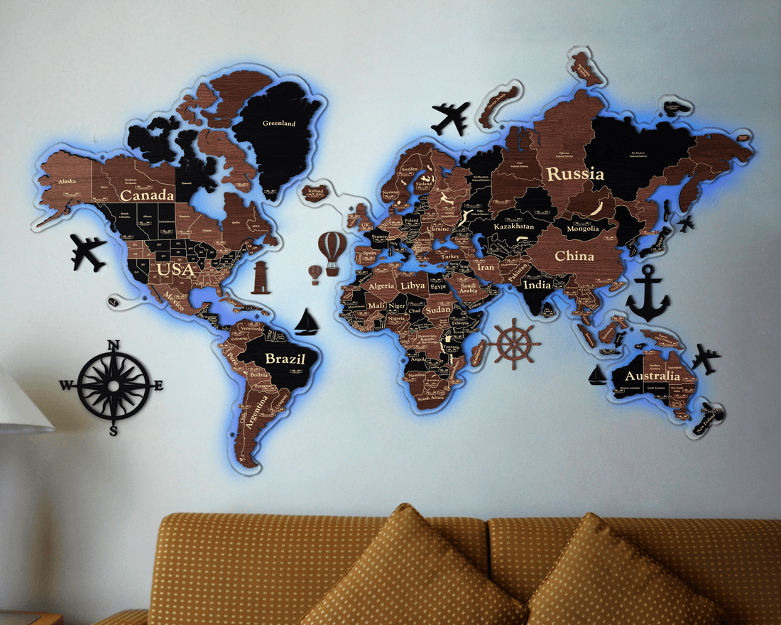 3D LED Wooden World Map Standart - Grey with Brown