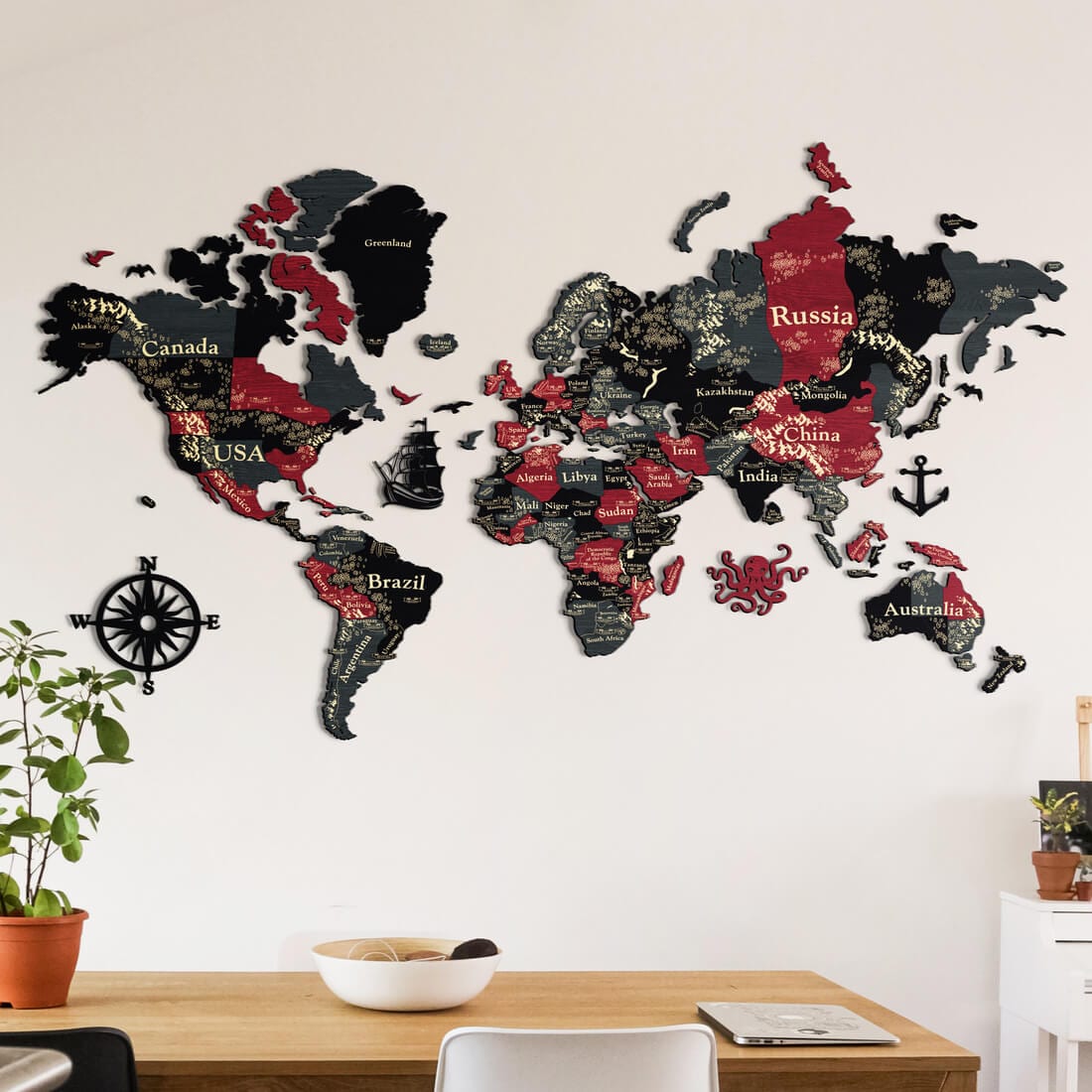 3D Wooden World Map (Perfect World) - Grey with Red