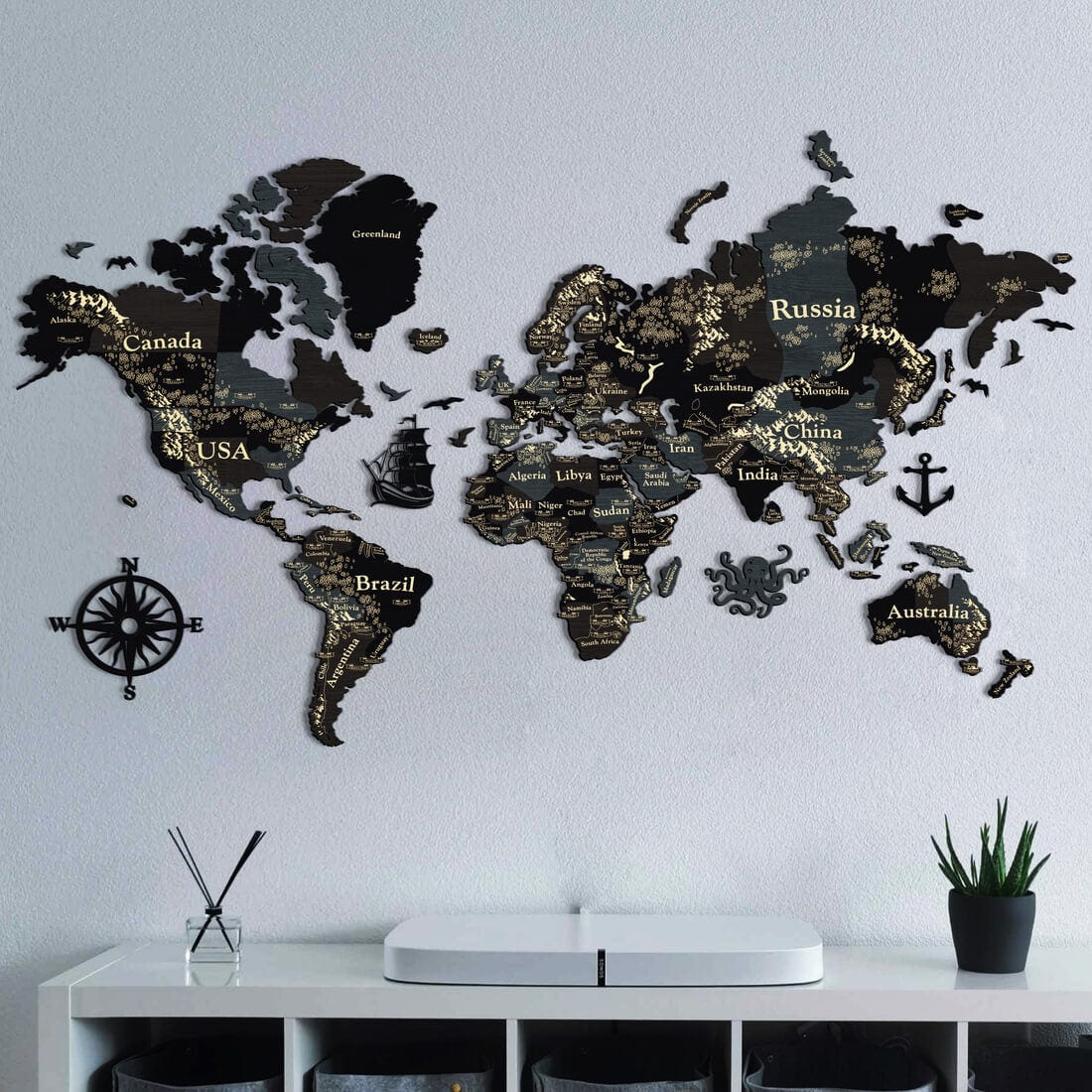 3D Wooden World Map (Perfect World) - Dark Grey