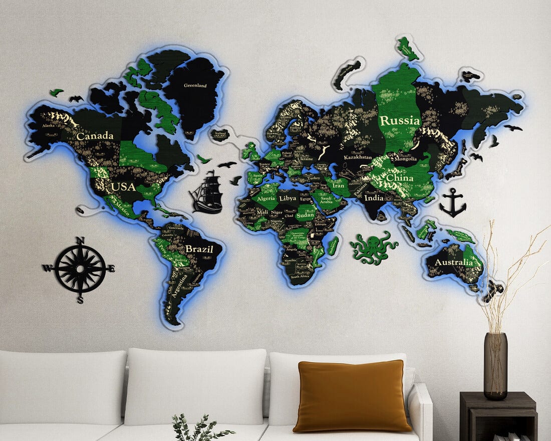 3D LED Wooden World Map Perfect World - Grey with Green