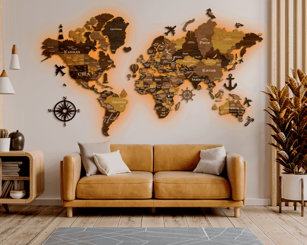 3D LED Wooden World Map Standart - Oak & Cypress