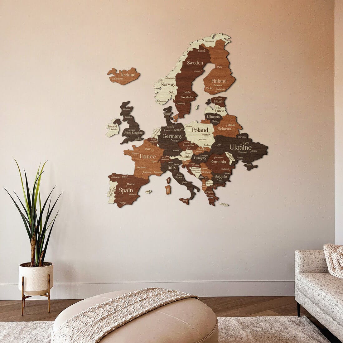 3D Europe Wooden Map - Walnut & Rosewood