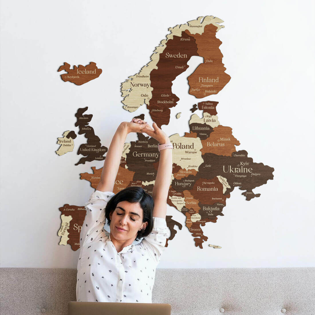 3D Europe Wooden Map - Walnut & Rosewood