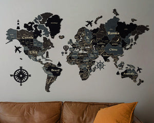 3D Wooden World Map (Standart) - Dark Grey