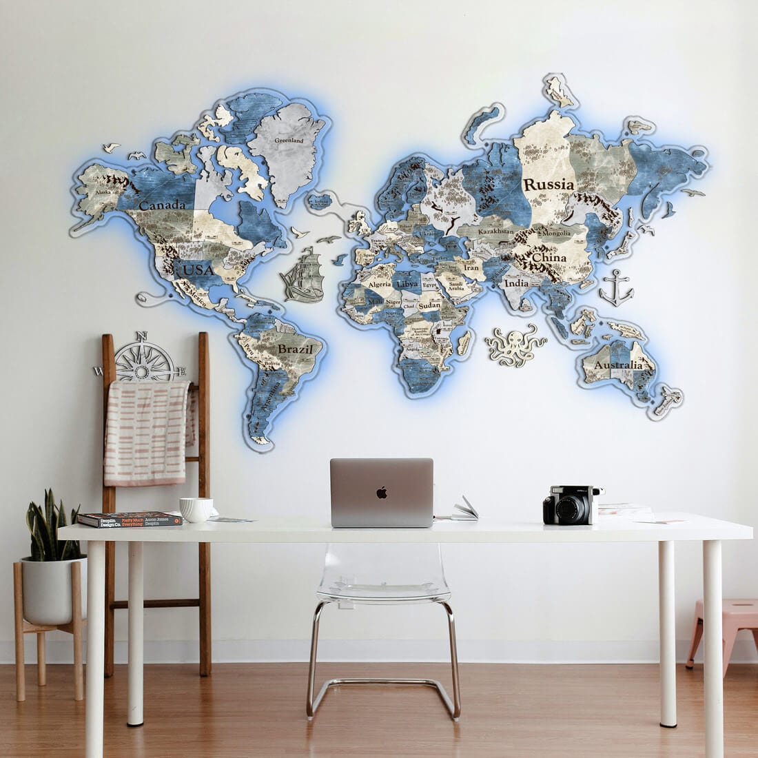 3D LED Colored Wooden World Map (Perfect World) - Diamond Blue