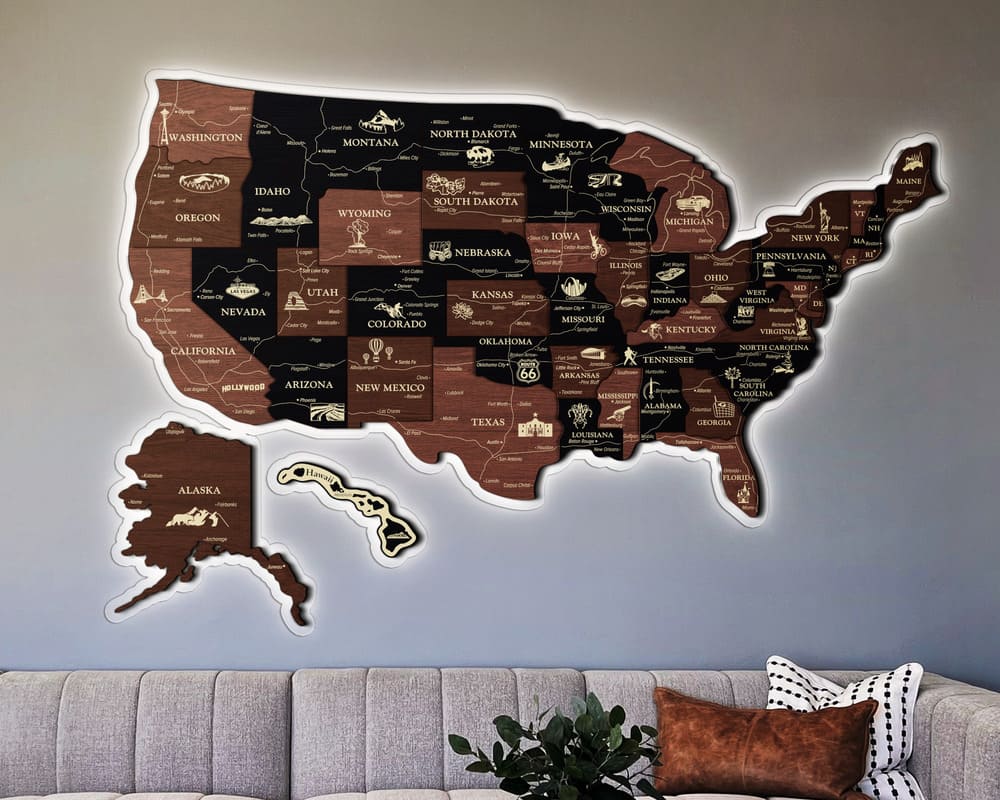 3D LED Map of USA Prime - Grey with Brown