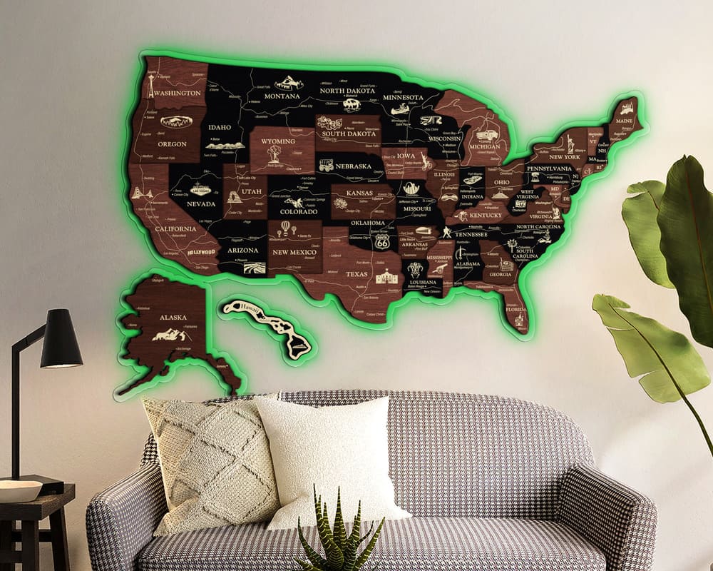 3D LED Map of USA Prime - Grey with Brown