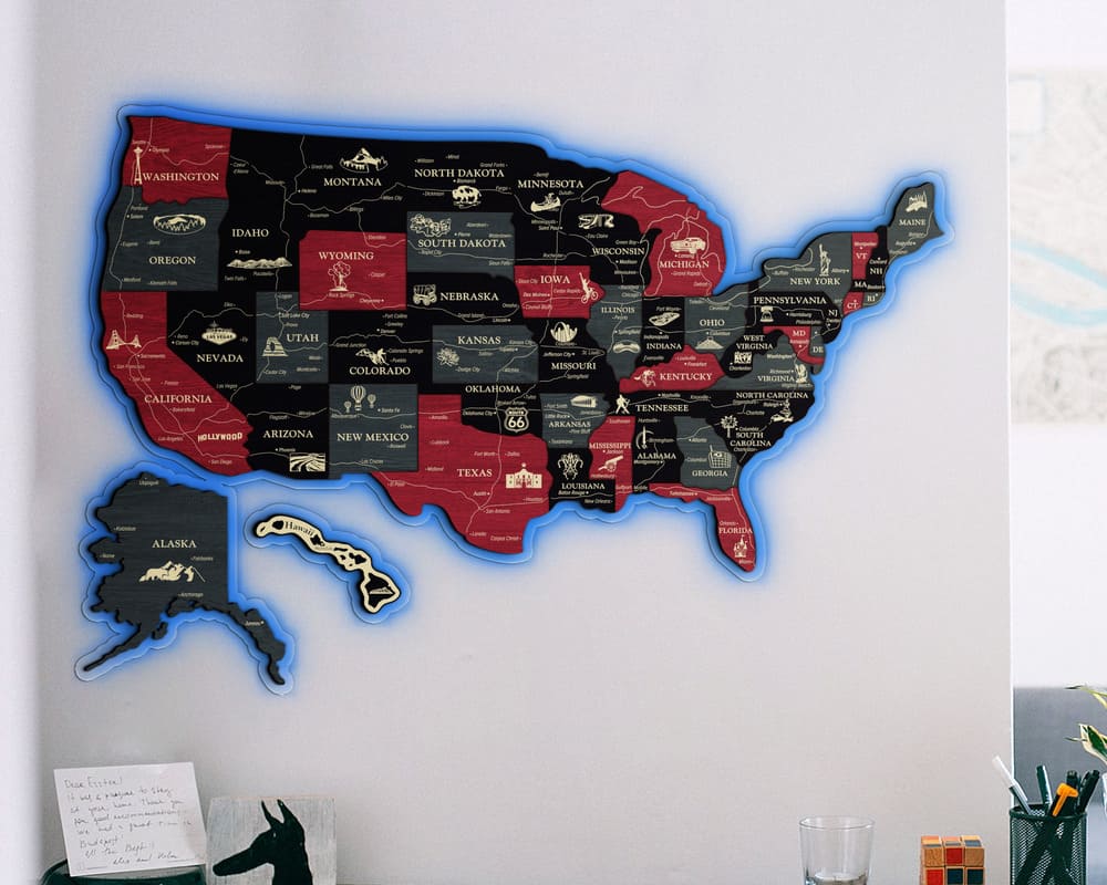 3D LED Map of USA Prime - Grey with Red