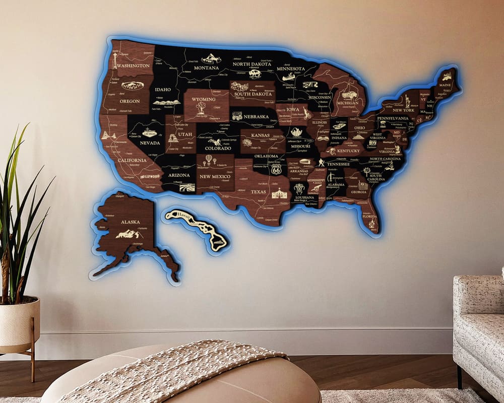 3D LED Map of USA Prime - Grey with Brown