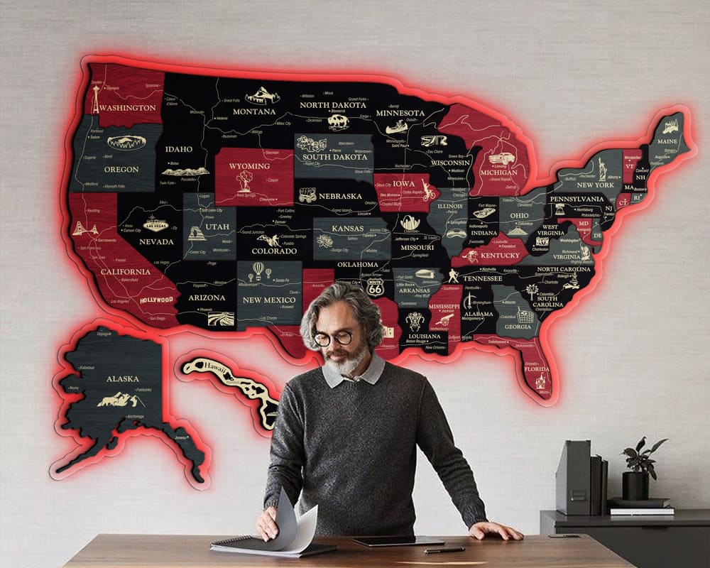 3D LED Map of USA Prime - Grey with Red