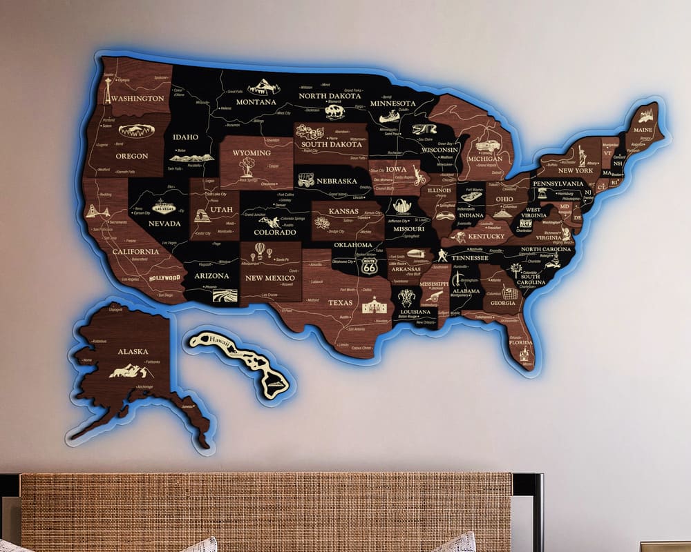 3D LED Map of USA Prime - Grey with Brown