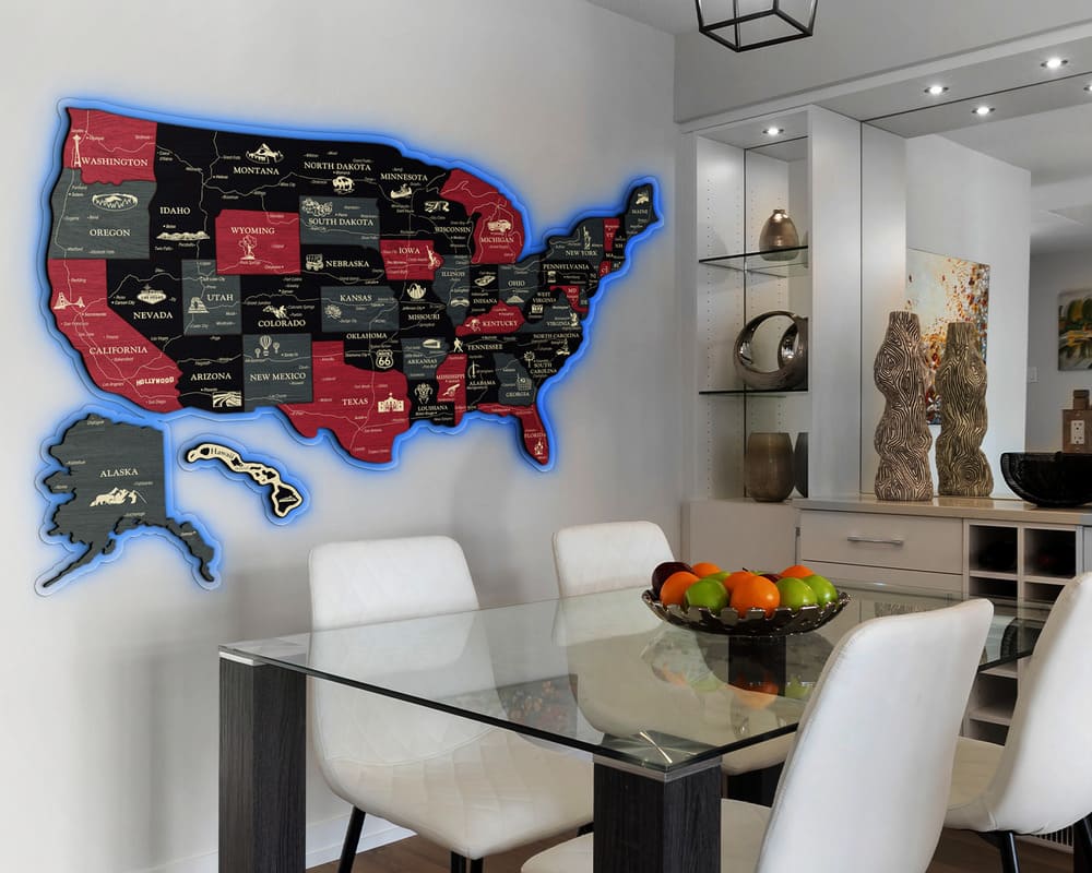 3D LED Map of USA Prime - Grey with Red